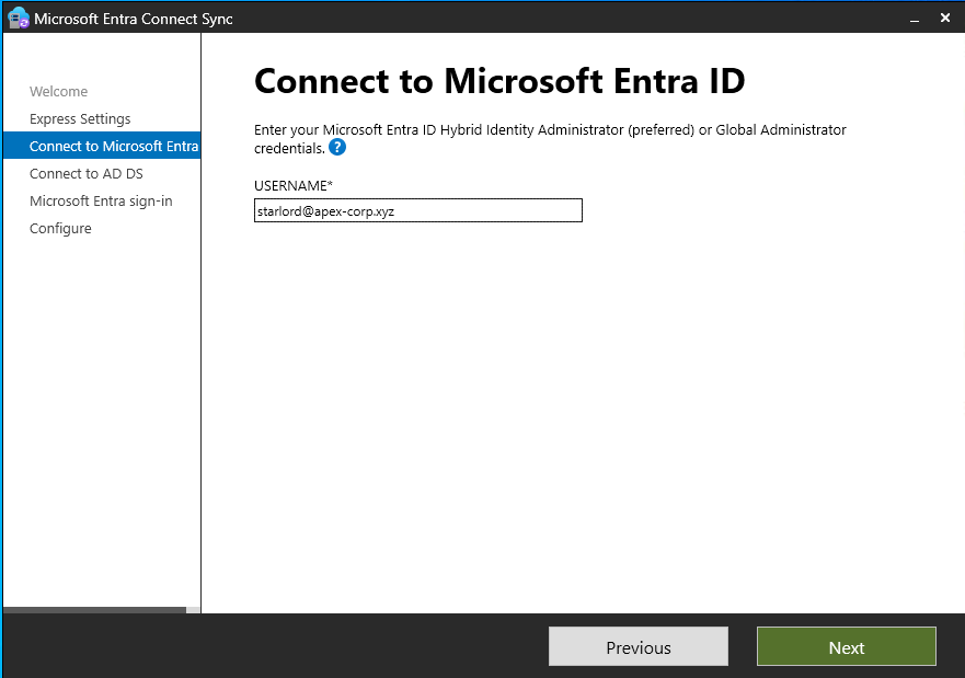 Entra Connect Connect to Azure AD screen showing Star Lord's admin credentials entered